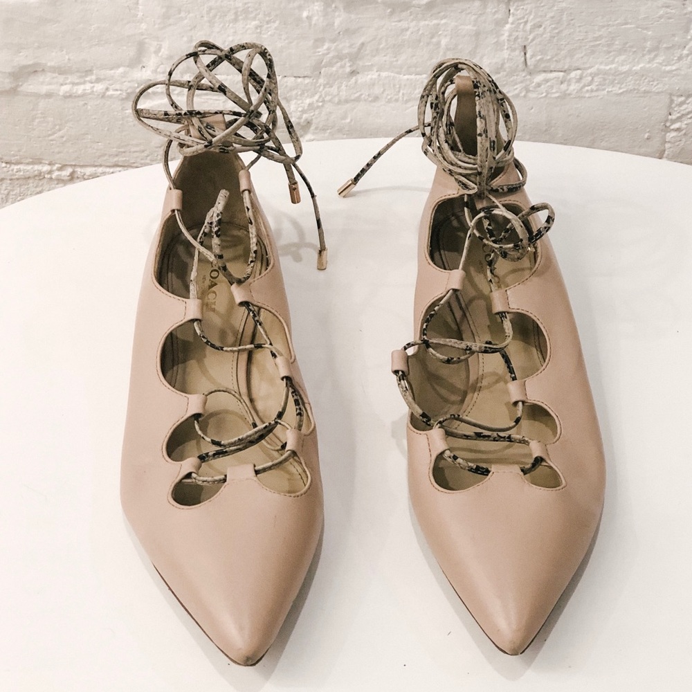 Coach Leather Ankle- Wrap Snake Skin Emboss Flats